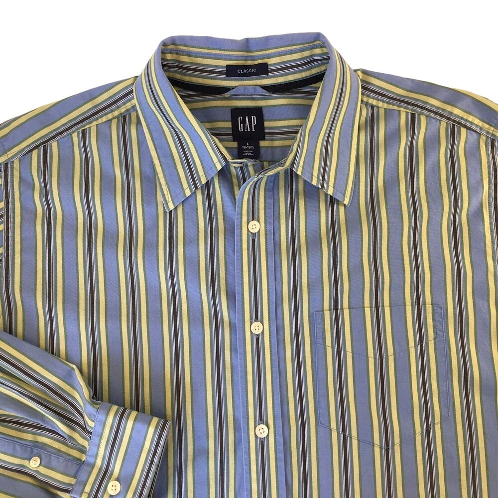 Gap Men's Shirt Size L 16-16 1/2 Blue/Yellow Striped Long Sleeved Classic Fit